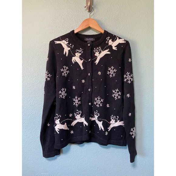Vintage Women's Holiday Christmas Reindeer‎ and Snowflake Black Sweater Small - Picture 1 of 11